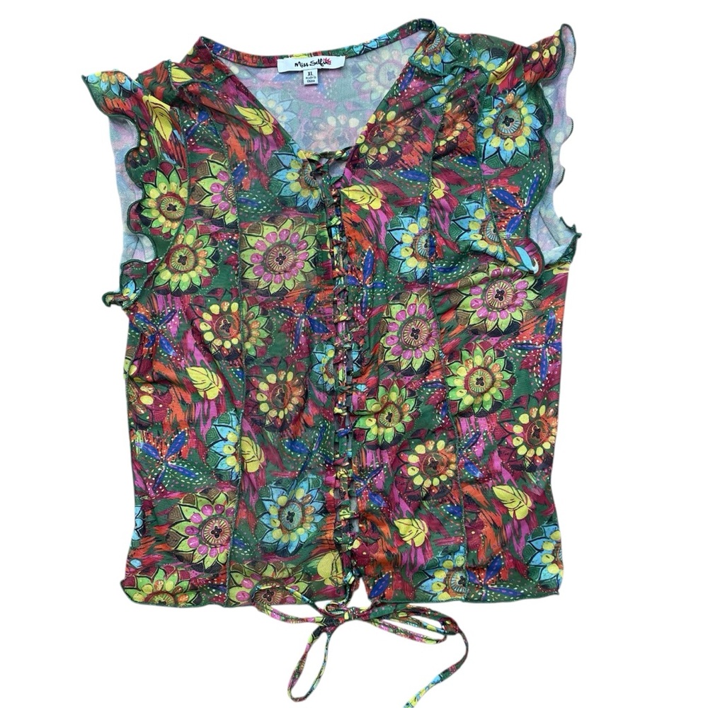 Y2K Selfie Mesh Top Boho Hippie Fairycore Grunge Flower Power Malibu XL Pink